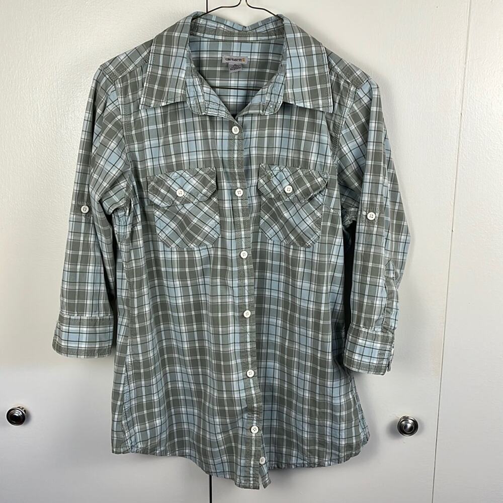 Carhartt Women’s Shirt Medium 8/10 Green Blue Plaid 3/4 Sleeves Button Up